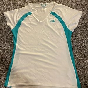 The North Face Women's White and Teal V-Neck Short Sleeve Tee